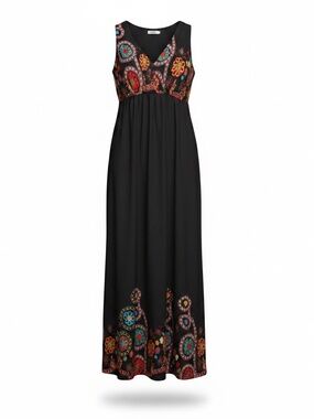 Dily Women's XL Black Boho Maxi Dress Colorful Floral Paisley Sleeveless V-Neck